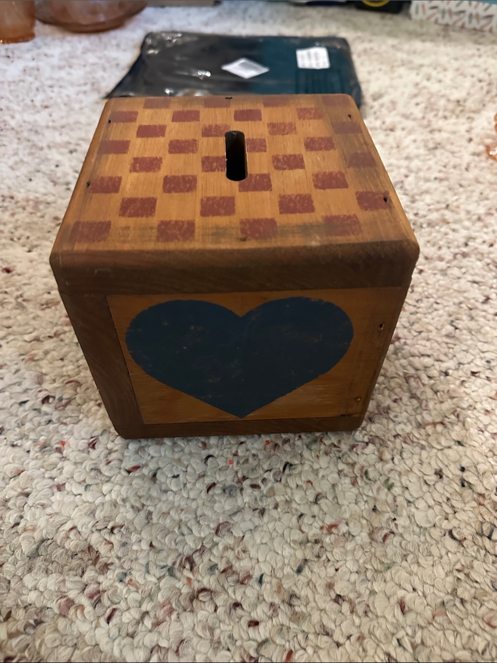 Vintage Wooden Heart Money Box with Checkerboard Top - Blue Heart